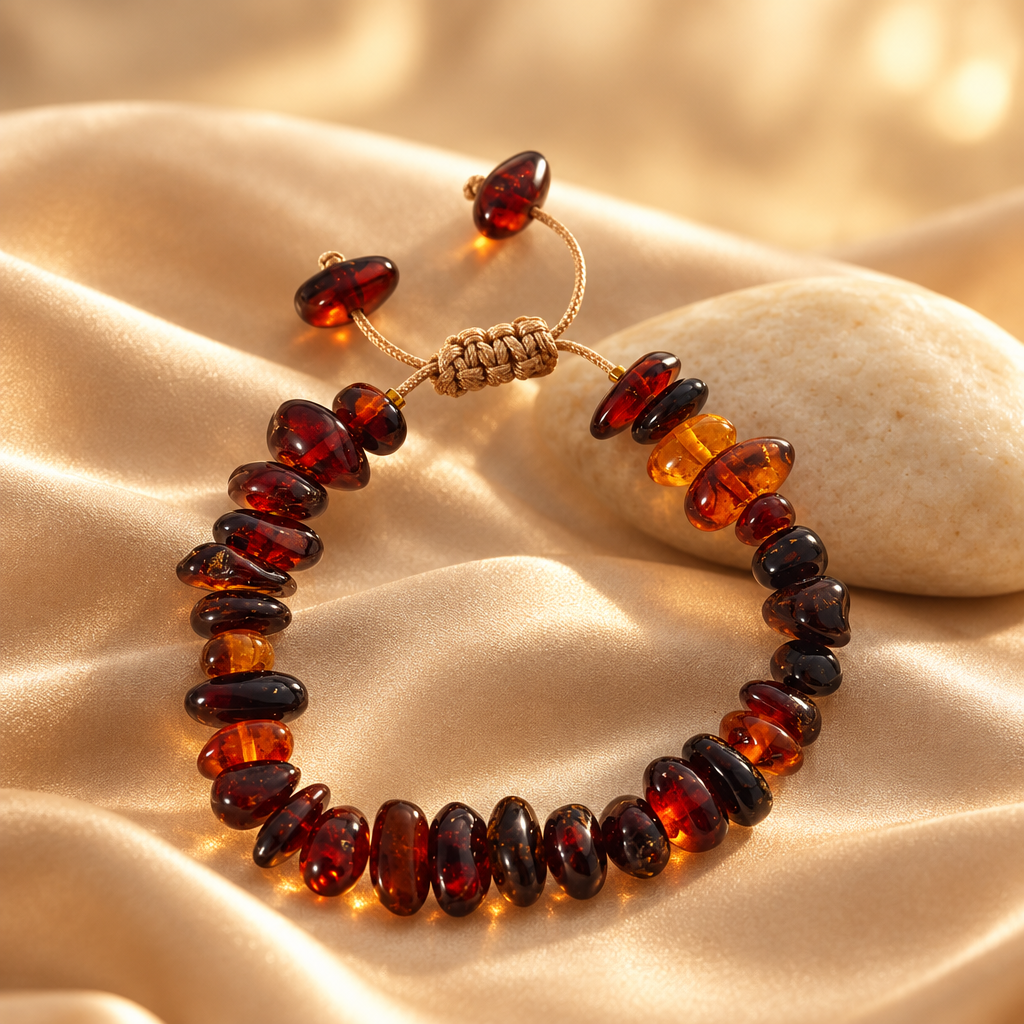 Pulsera de ámbar rojo con cierre de macramé sobre seda champán con piedra clara