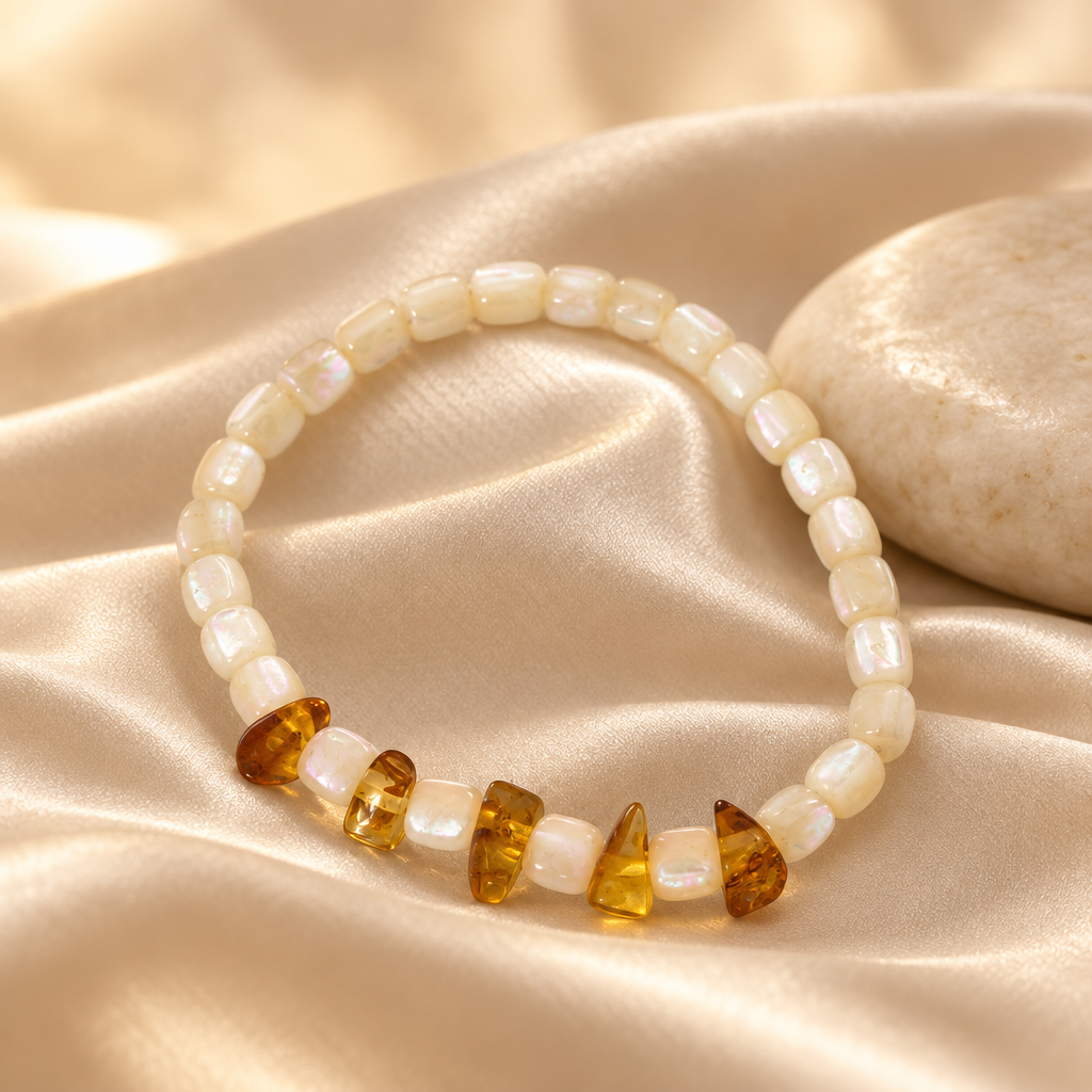 Pulsera de ámbar y madreperla sobre seda color marfil con piedra clara