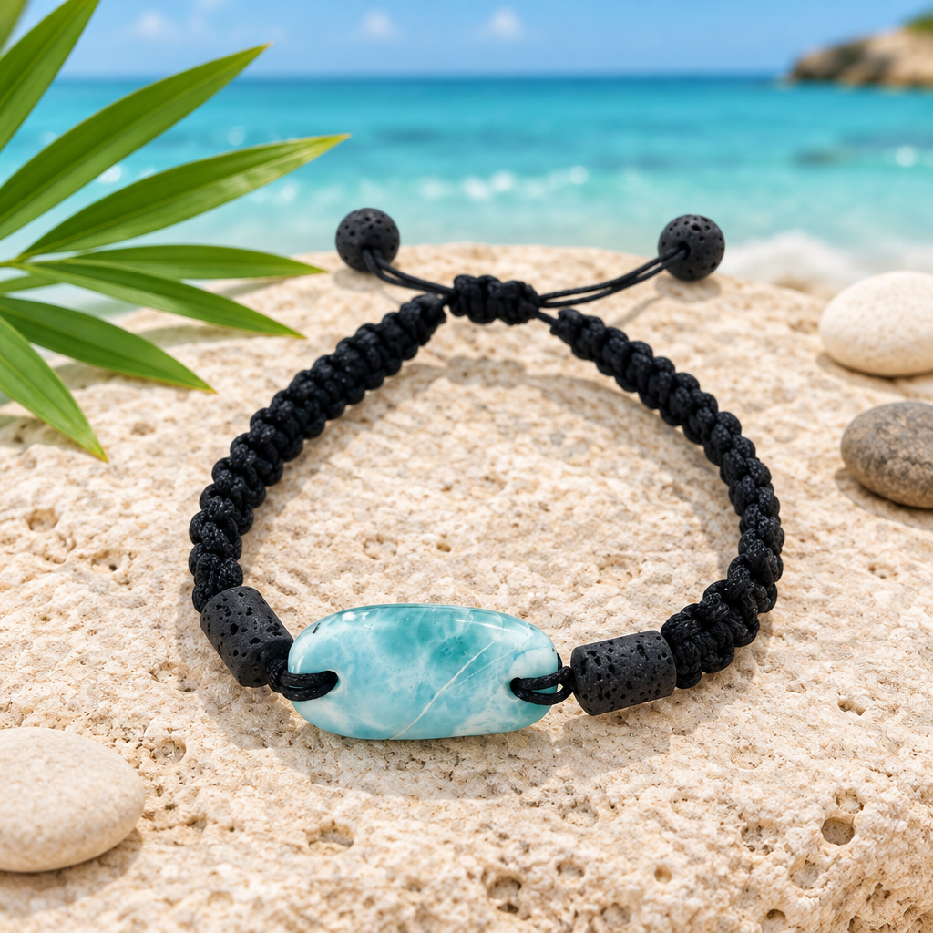 Pulsera de macramé con larimar grande y piedra de lava sobre piedra clara con hojas tropicales y el mar Caribe de fondo