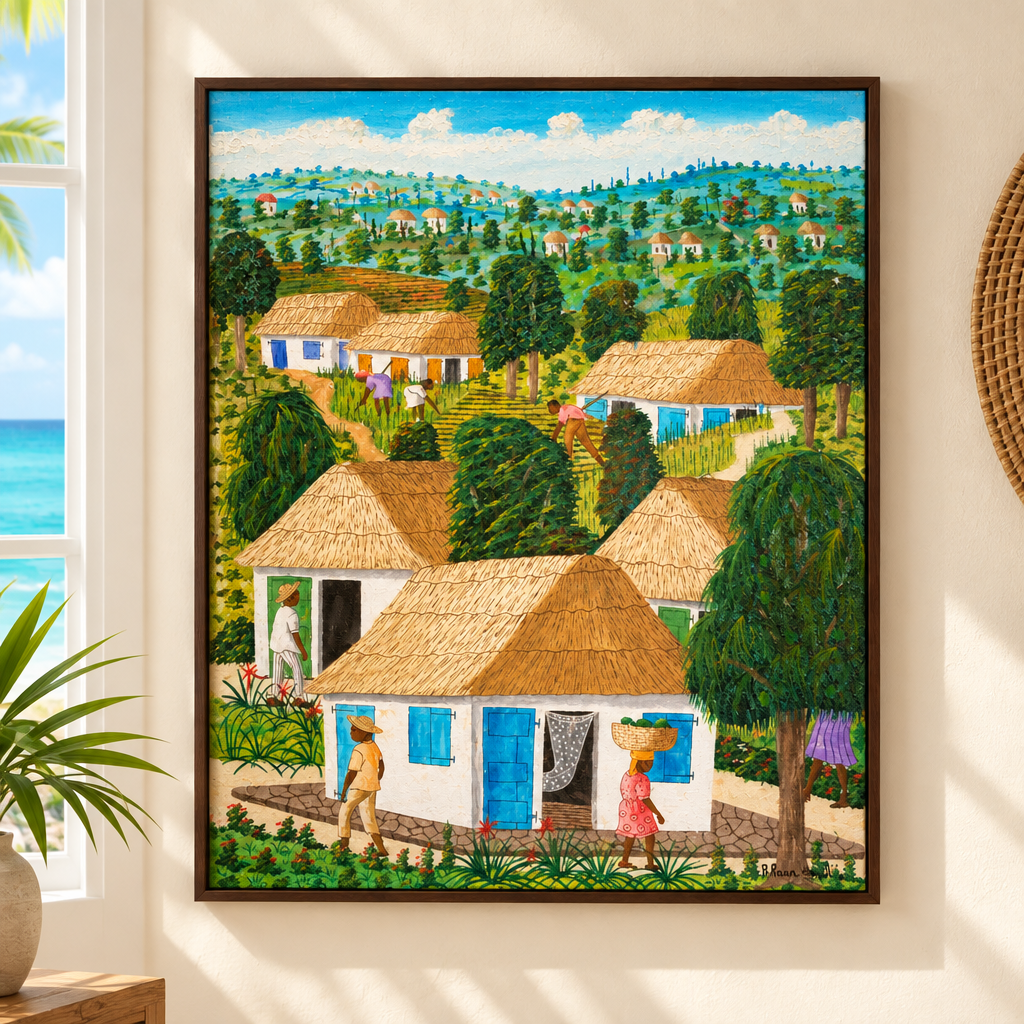 Prova del quadro Pueblo Caribeño con cornice in ambiente caraibico