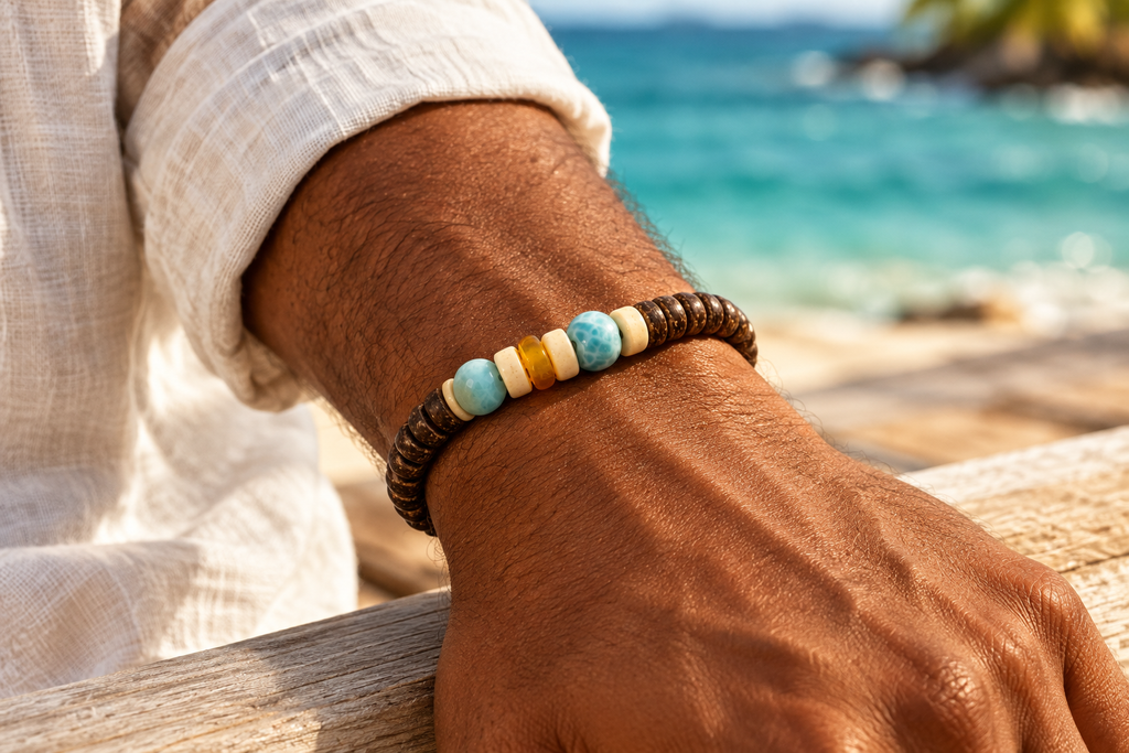 Pulsera de coco, larimar y ámbar indossata, forma corretta