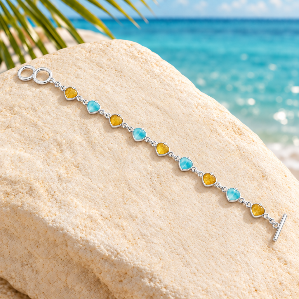 Pulsera de Corazones con Larimar y Ámbar con detalles plateados limpios