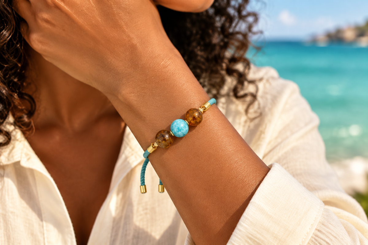 Pulsera de cordón de bolas de larimar y ámbar indossata