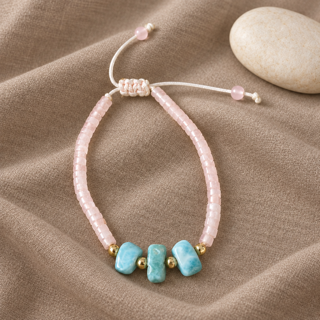 Pulsera de Cuarzo Rosa y Larimar sobre lino color topo