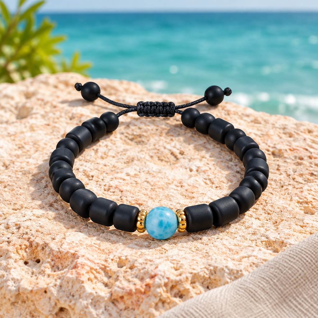 Pulsera de cuentas de caucho negro con Larimar central y separadores en baño de oro junto al mar