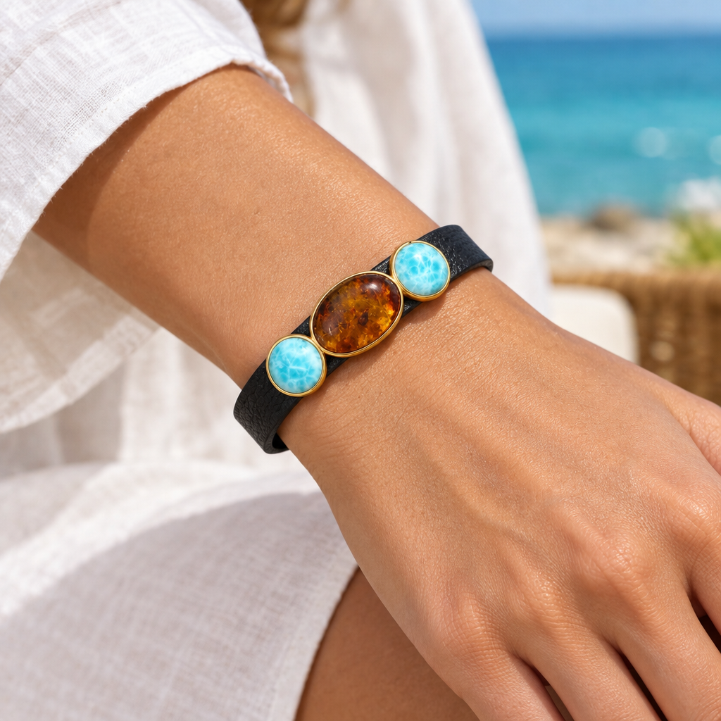 Pulsera de Cuero con Larimar y Ámbar, piedras alineadas con la correa