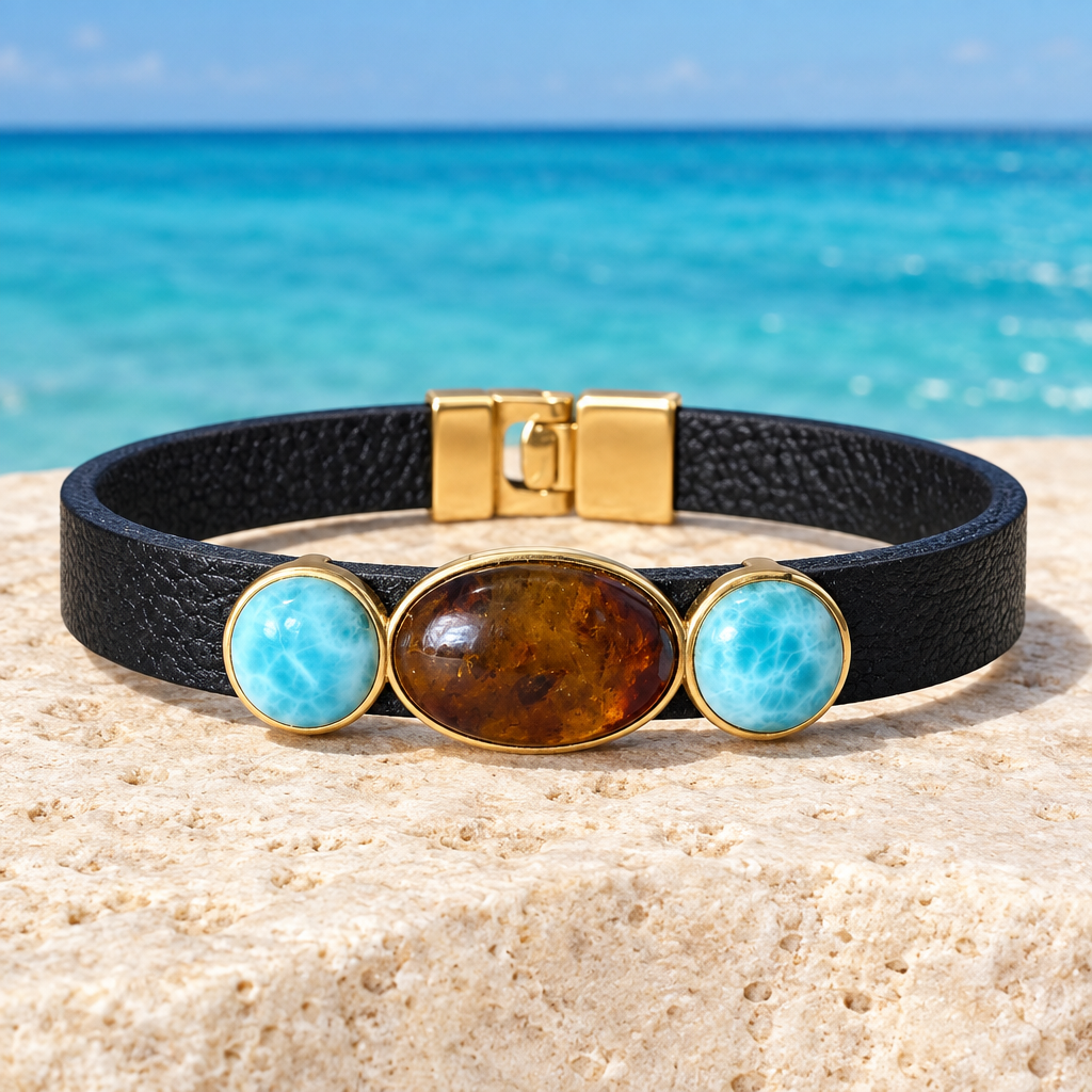 Pulsera de Cuero con Larimar y Ámbar, piedras alineadas con la correa