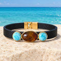 Pulsera de Cuero con Larimar y Ámbar, piedras alineadas con la correa