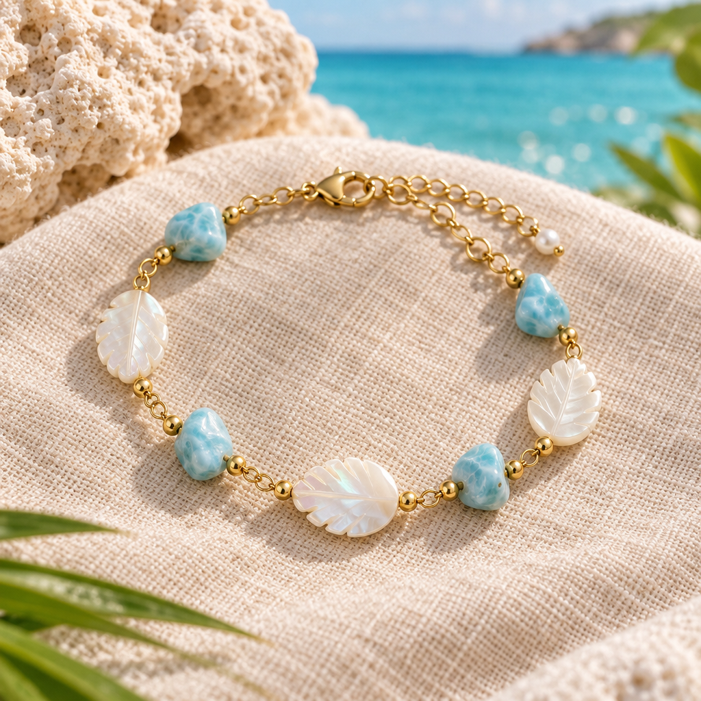 Pulsera de Hojas de Madreperla y Larimar con detalles dorados junto al mar