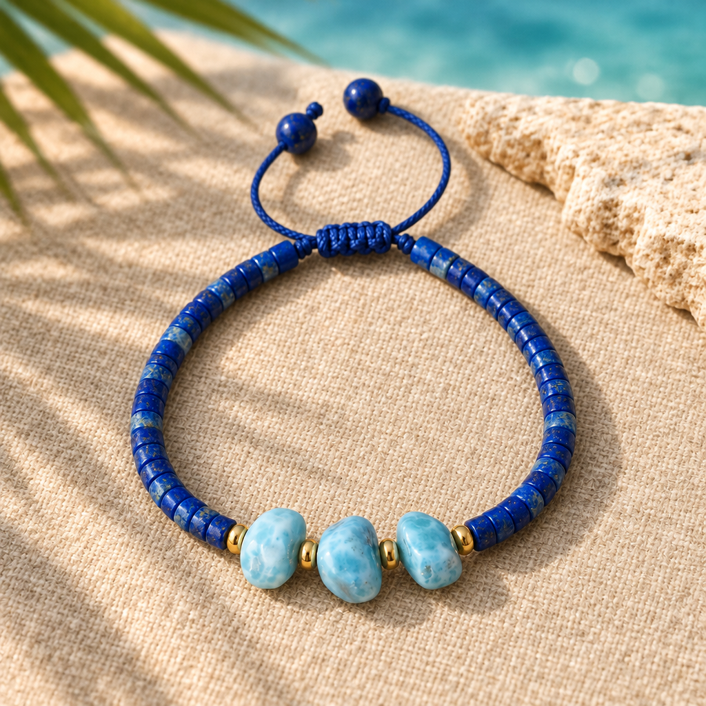 Pulsera de Lapislázuli y Larimar en ambiente caribeño