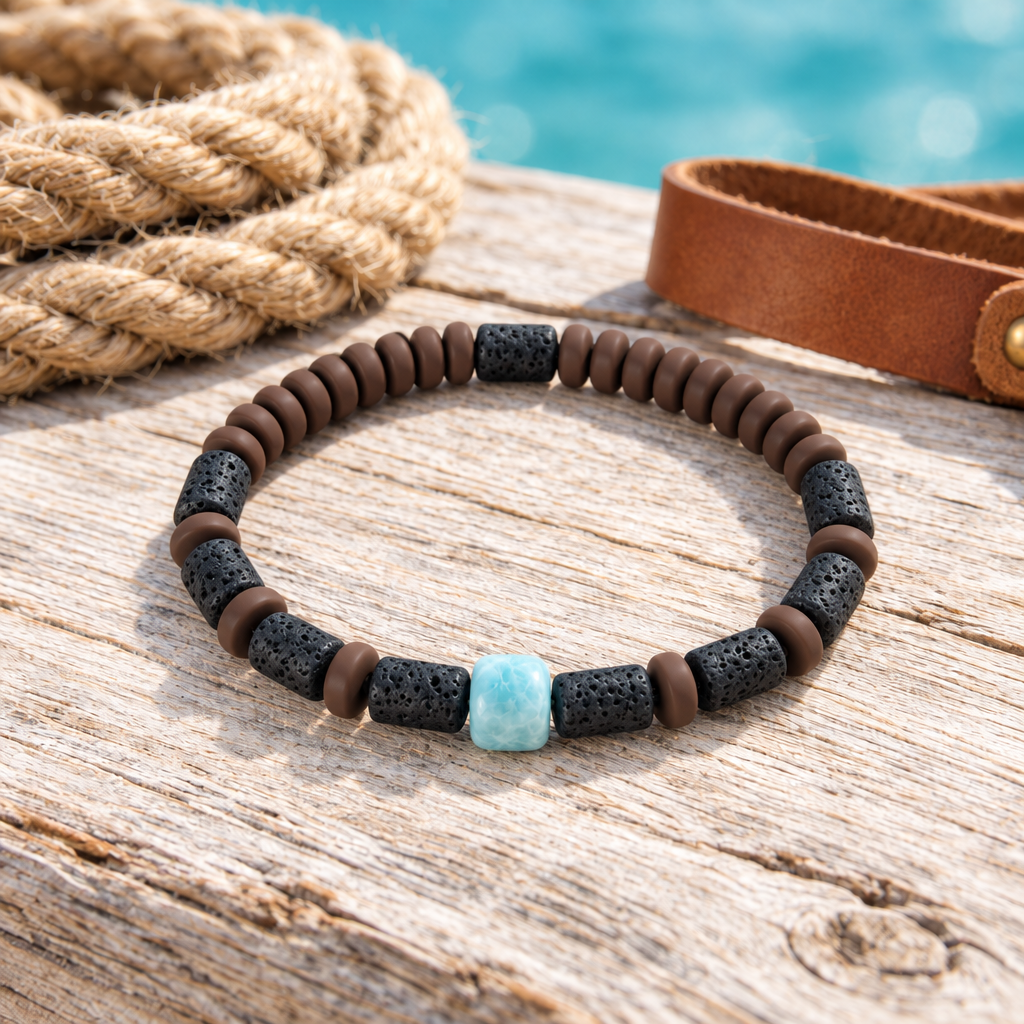 Pulsera de larimar, piedra de lava y caucho sobre madera clara con cuerda y cuero.