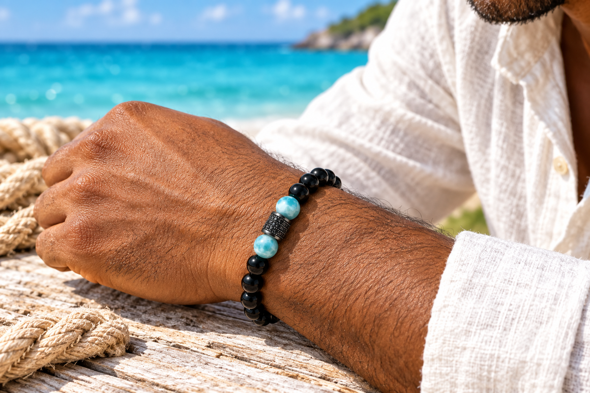Pulsera de larimar y ónix con detalle de cristal indossata