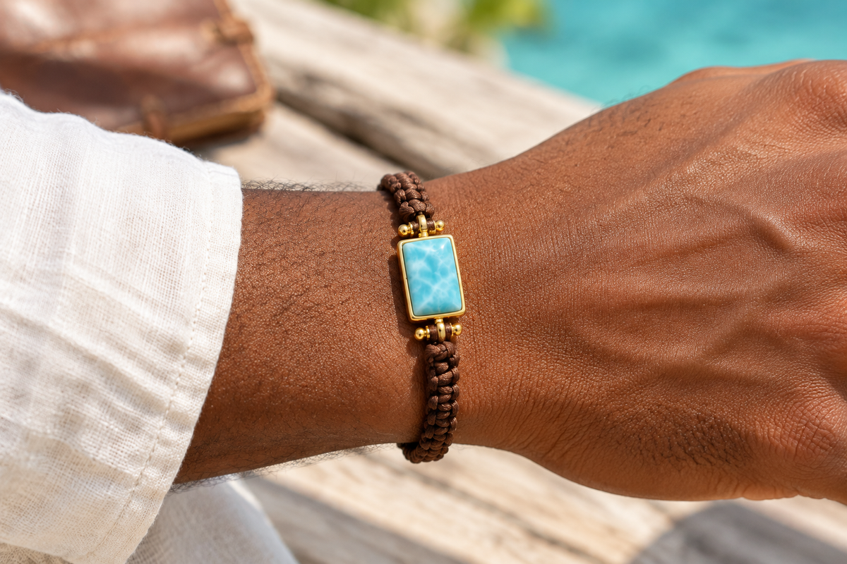 Pulsera de macramé con larimar montado en baño de oro puesta en la muñeca de un hombre