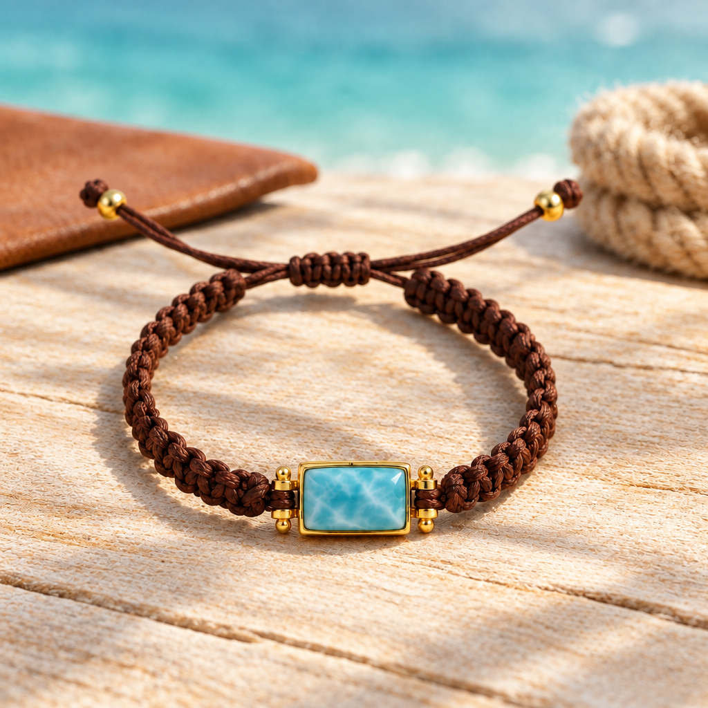 Pulsera de macramé con larimar y baño de oro sobre madera clara y cuero