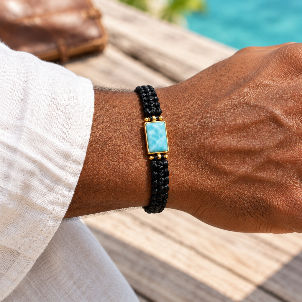 Pulsera de Macramé Negro con Larimar puesta en la muñeca