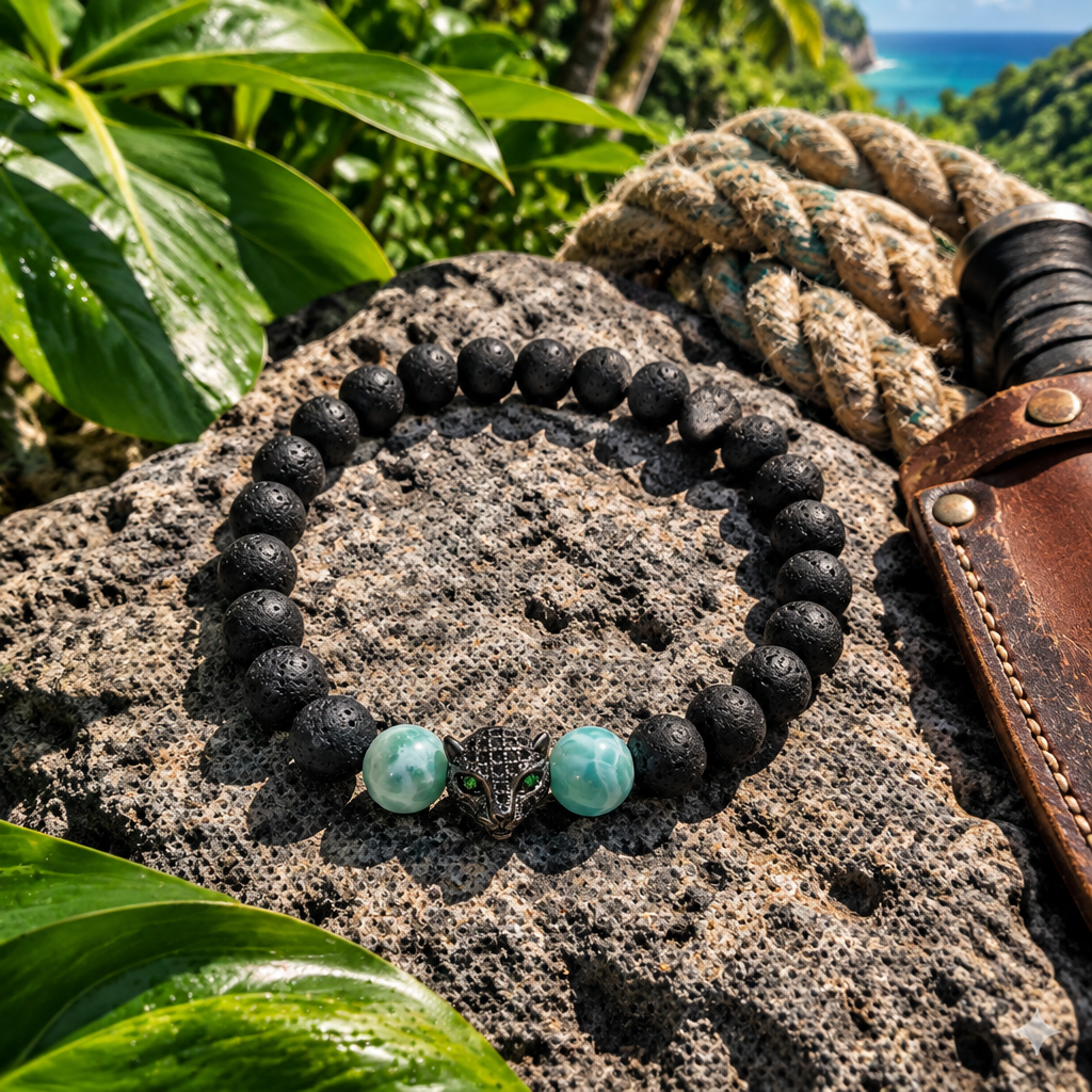Pulsera de ónix y larimar con jaguar de cristal sobre roca volcánica con hojas de selva tropical, cuerda y cuero