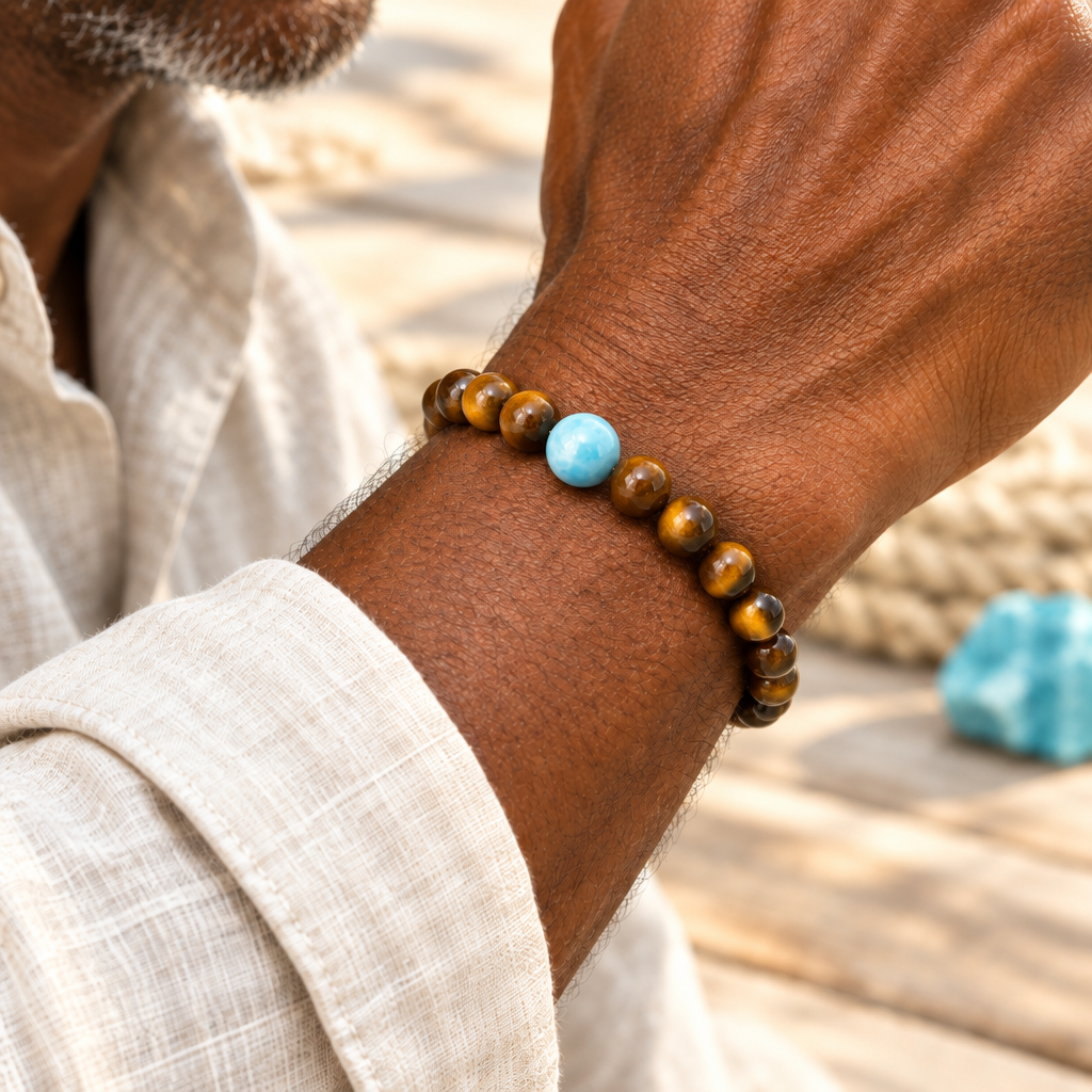 Pulsera elástica intacta de ojo de tigre y Larimar azul en la muñeca del mismo modelo caribeño