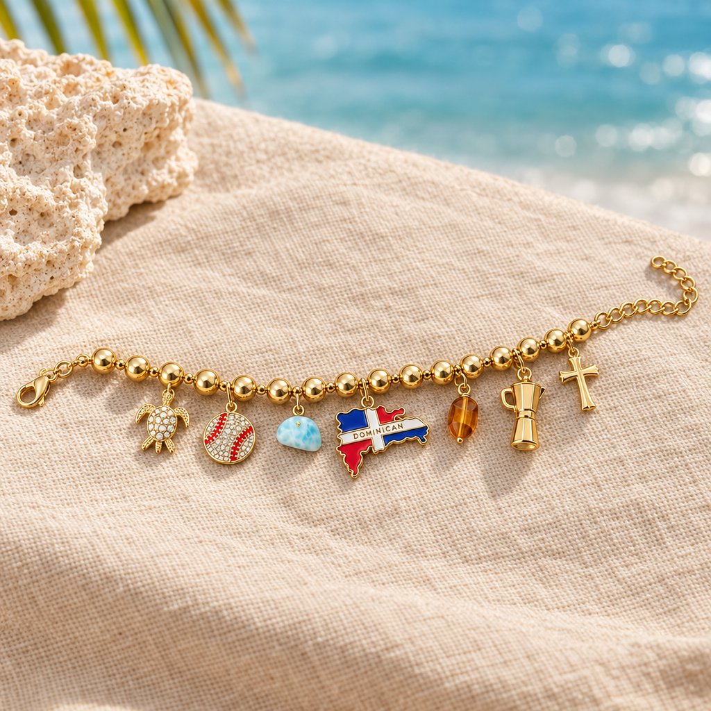 Pulsera Orgullo Dominicano con charms en ambiente caribeño