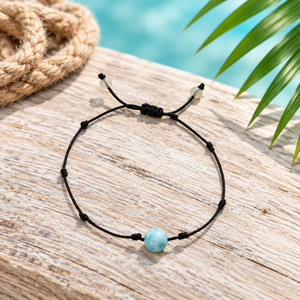 Pulsera unisex de hilo y larimar sobre madera clara con cuerda y hoja de palma