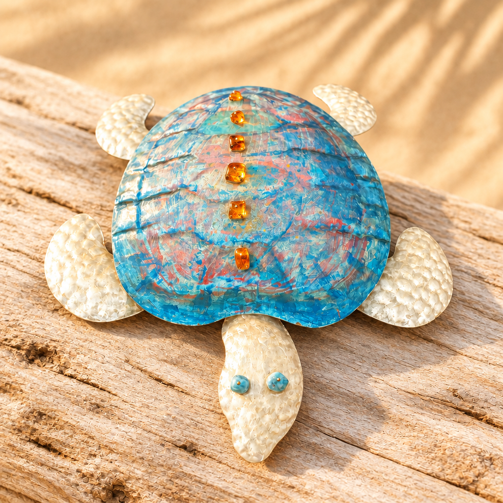 Tortuga de metal su legno chiaro con sfondo sabbia luminoso
